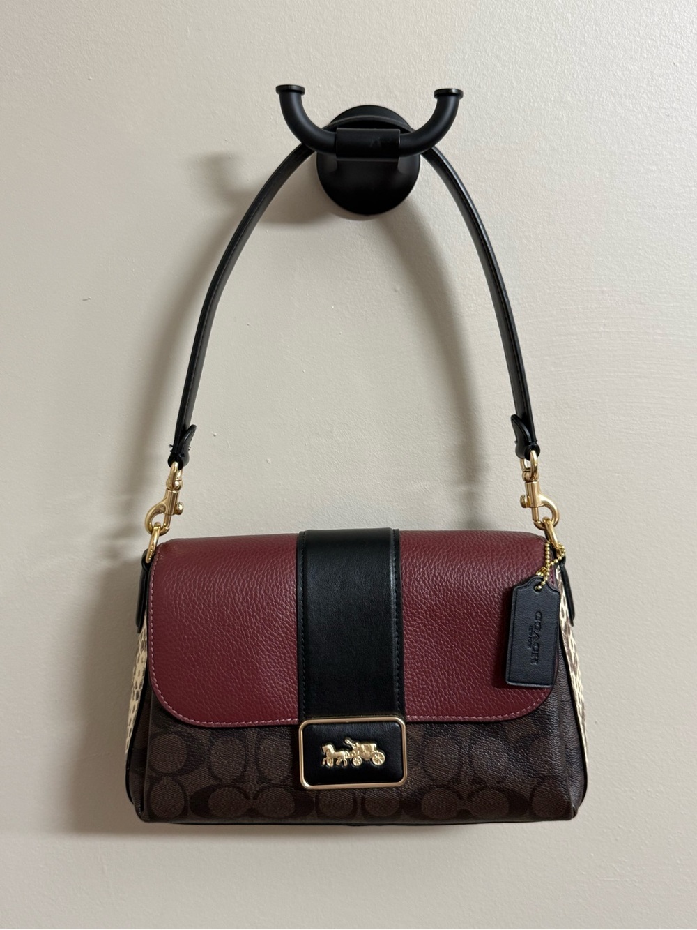Coach Two-Tone Leather & Signature Canvas Shoulder Bag in Burgundy and Black